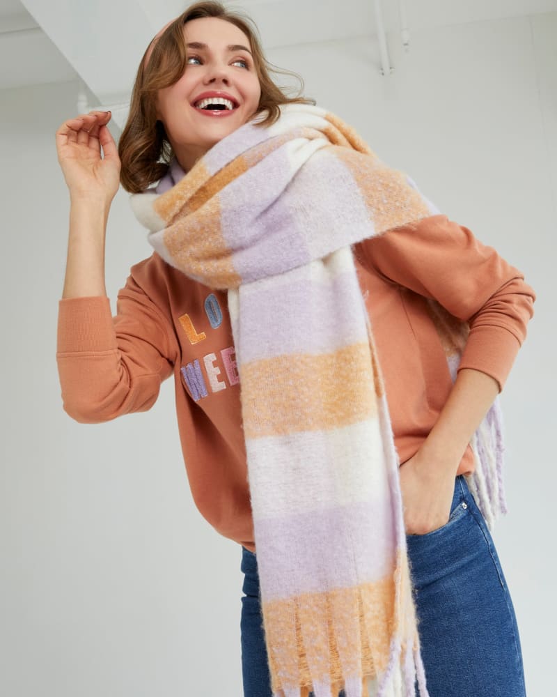 Front of a model wearing a size One Size Ari Scarf in Lilac by Shiraleah. | dia_product_style_image_id:306777